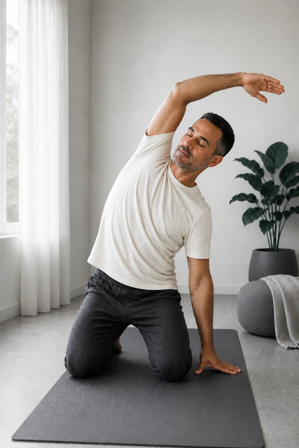 Stretching calmly on a mat beside a sunlit window