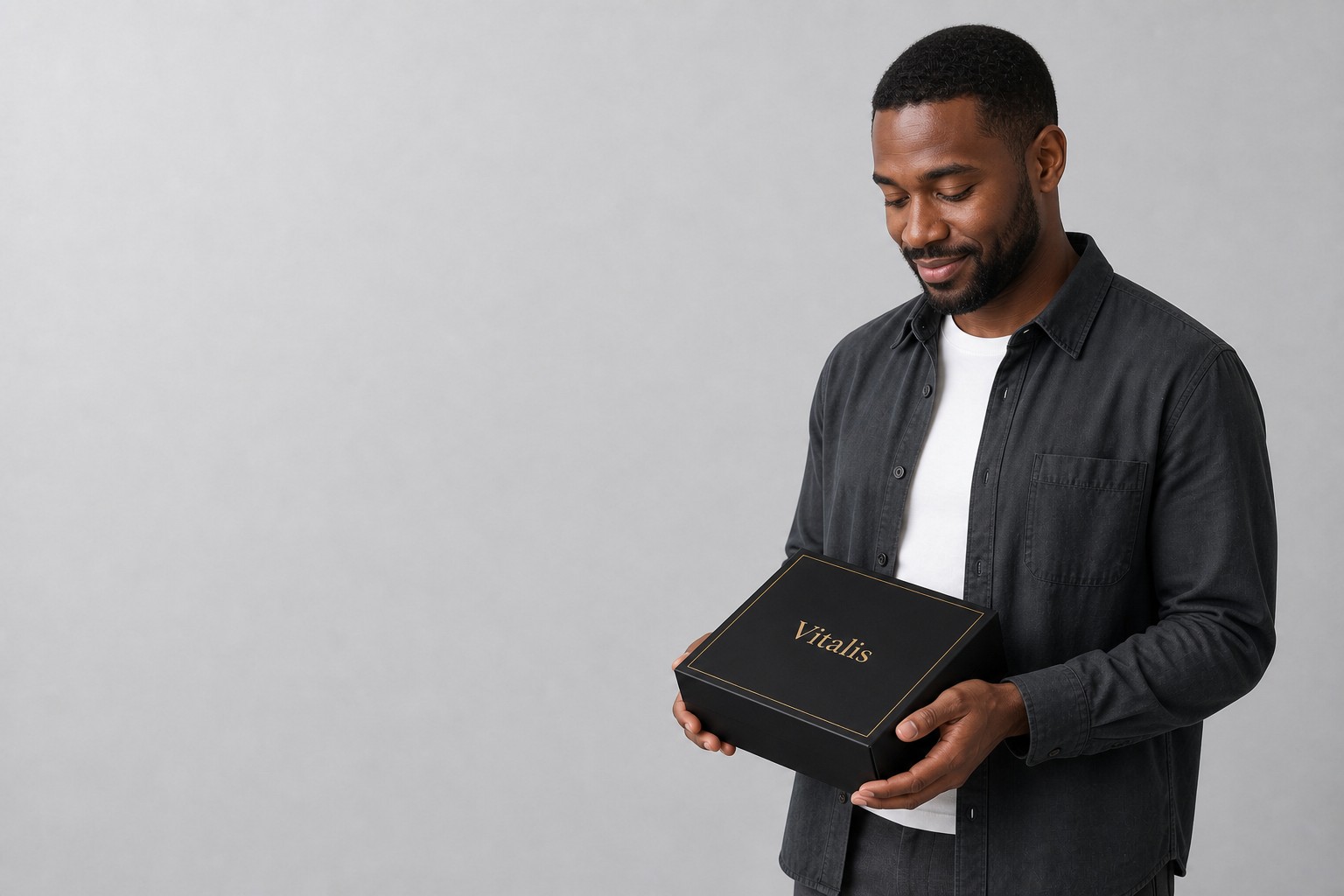 A person at home holding a plain unbranded shipping box after a delivery