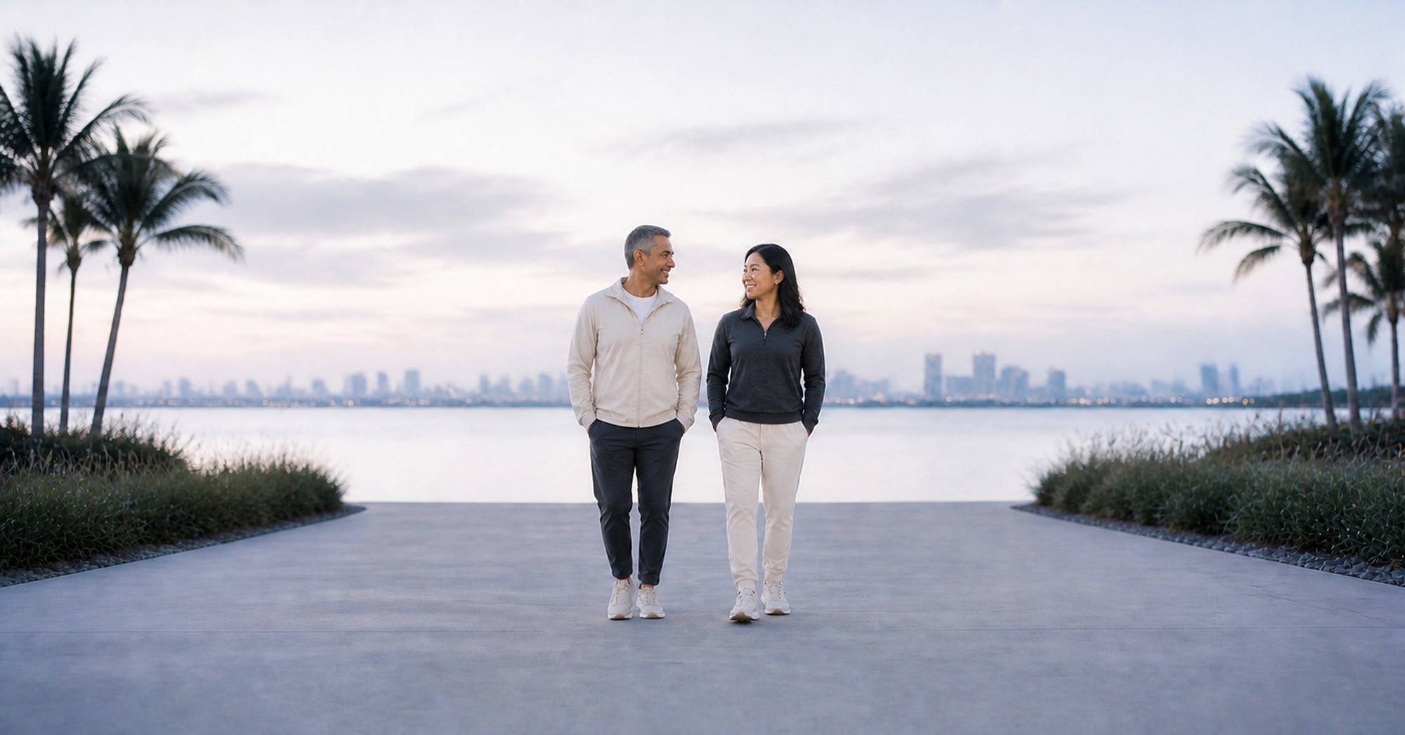 People walking together along a waterfront path at dusk.